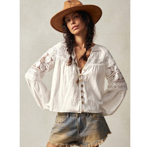 Cotton Bohemian Shirt White Crochet Lace Detailed V-Neck Long Lantern Sleeve - Picture 6 of 12